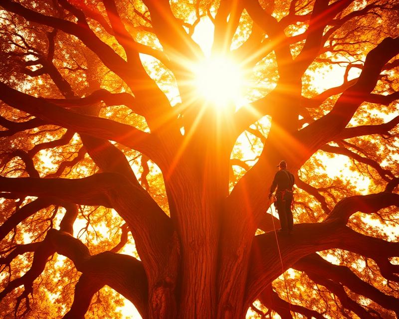 A giant California oak with sunlight bursting through its canopy
